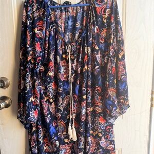 NAIF Navy Floral Paisley Boho Top with Tassel Tie